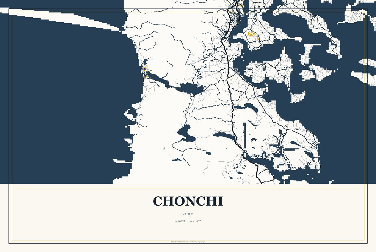 Chonchi, Chile City Map Aluminum Sign in Citrine Modern style