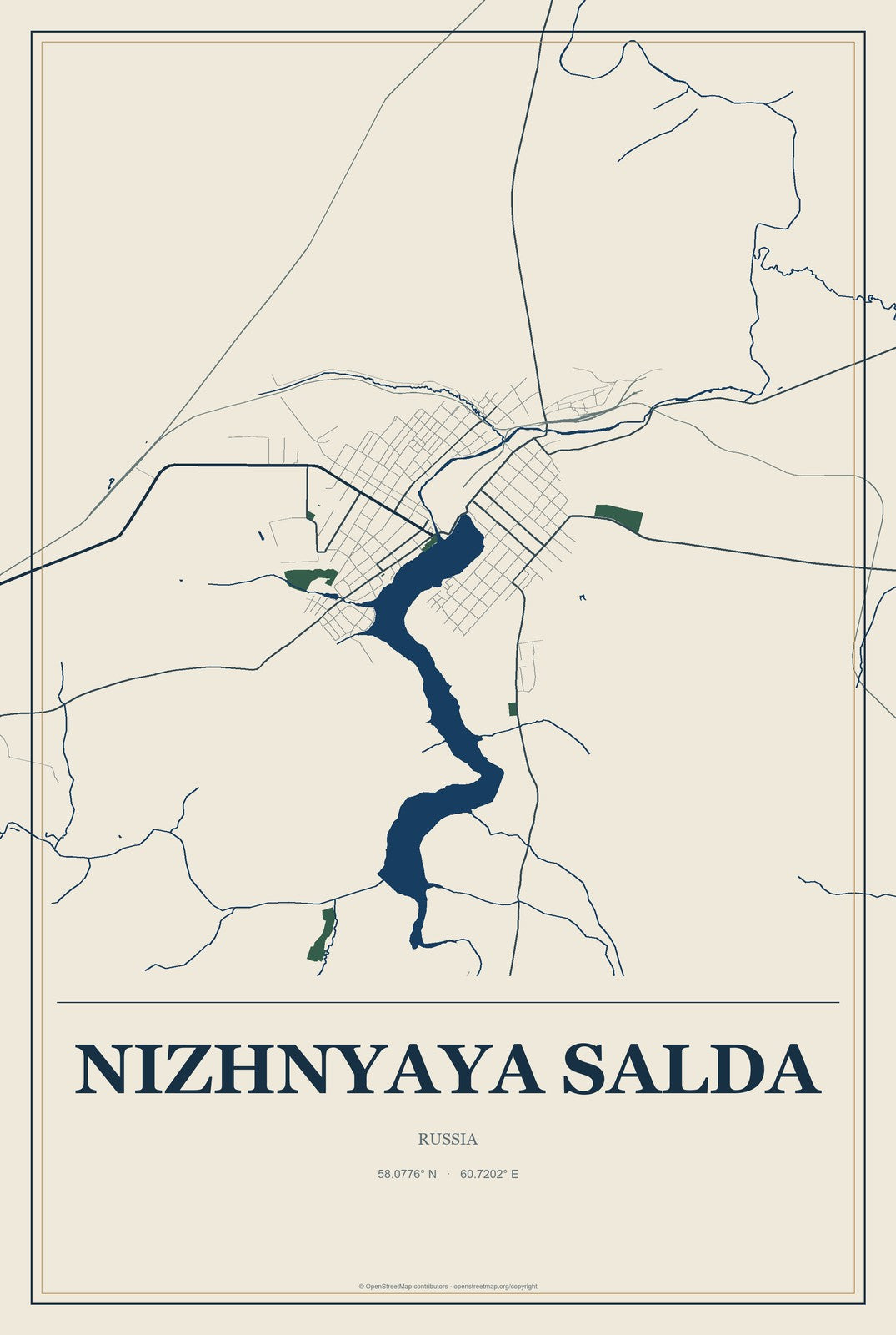 Nizhnyaya Salda, Russia City Map Aluminum Sign in Coastal Cutout style