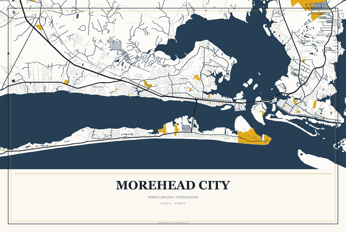 Morehead City, North Carolina City Map Aluminum Sign in Citrine Modern style