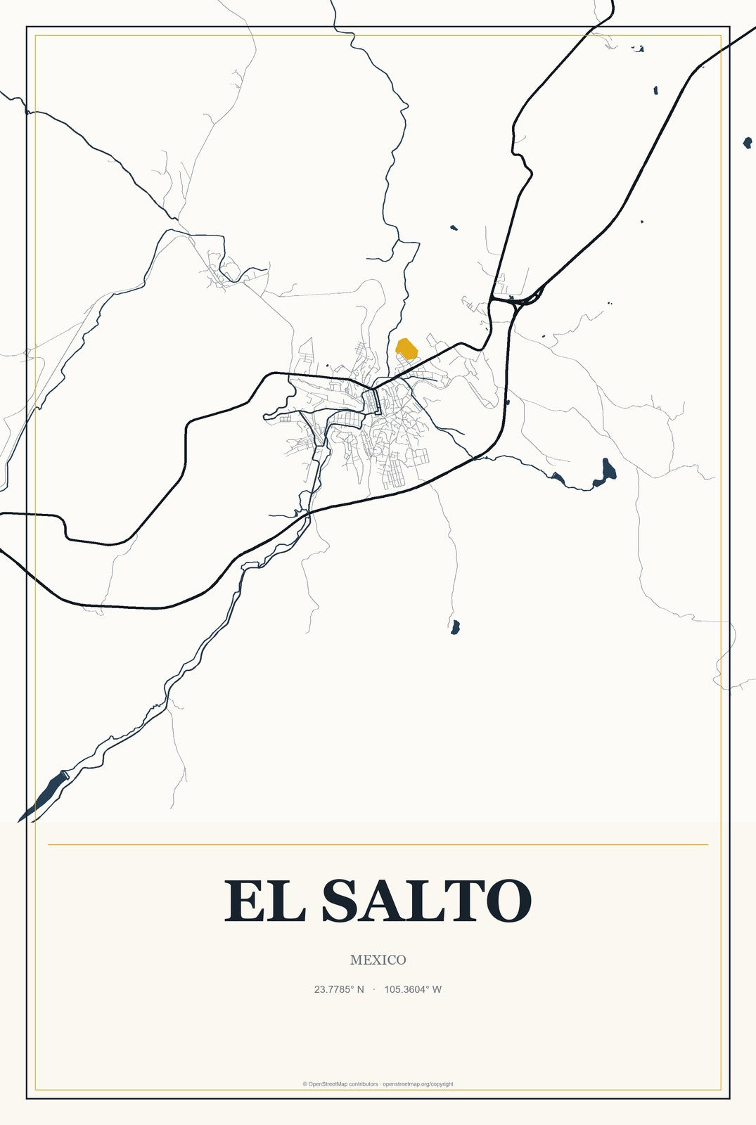 El Salto, Durango, Mexico City Map Aluminum Sign in Citrine Modern style