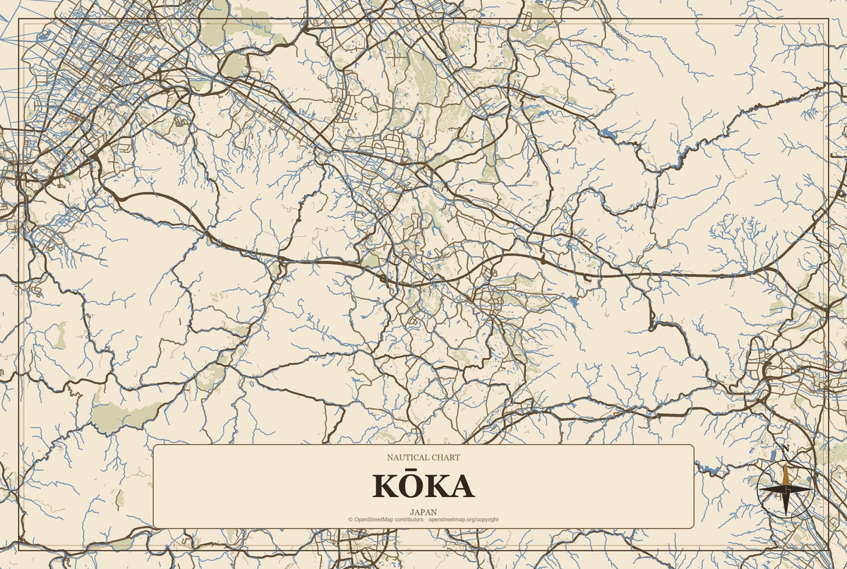 Kōka, Japan City Map Aluminum Sign in Heritage Nautical style