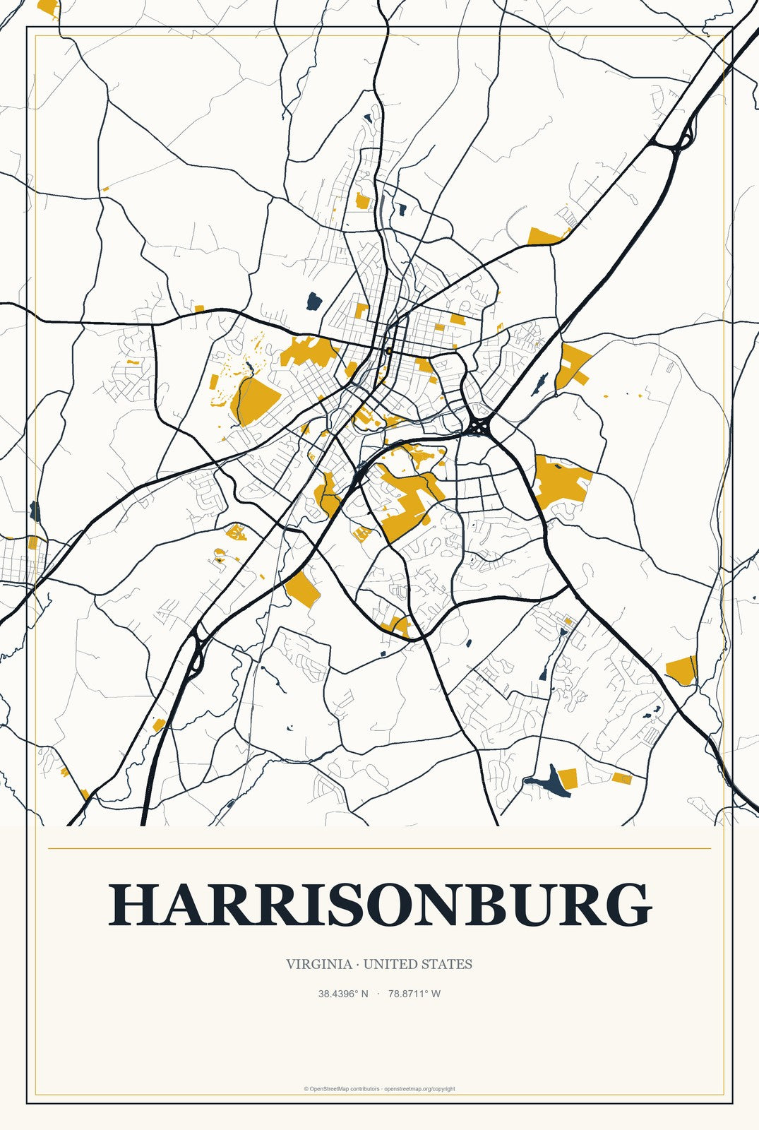 Harrisonburg, Virginia City Map Aluminum Sign in Citrine Modern style