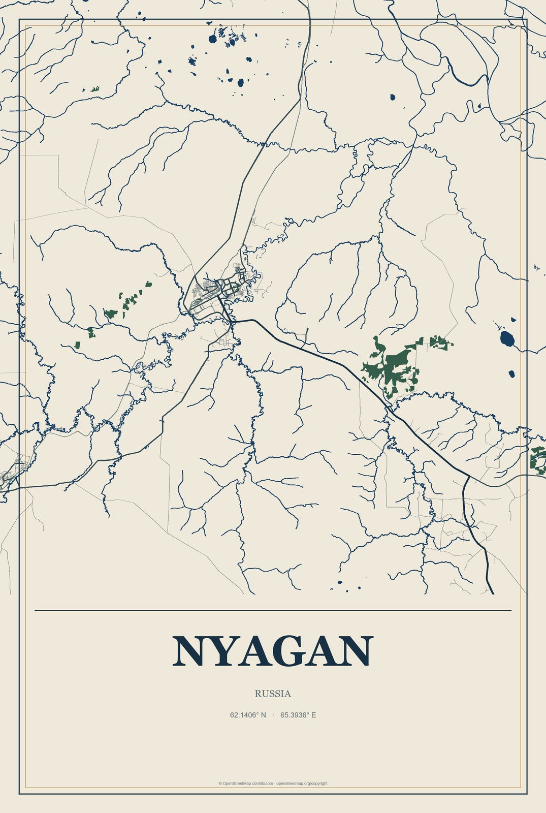 Nyagan, Russia City Map Aluminum Sign in Coastal Cutout style