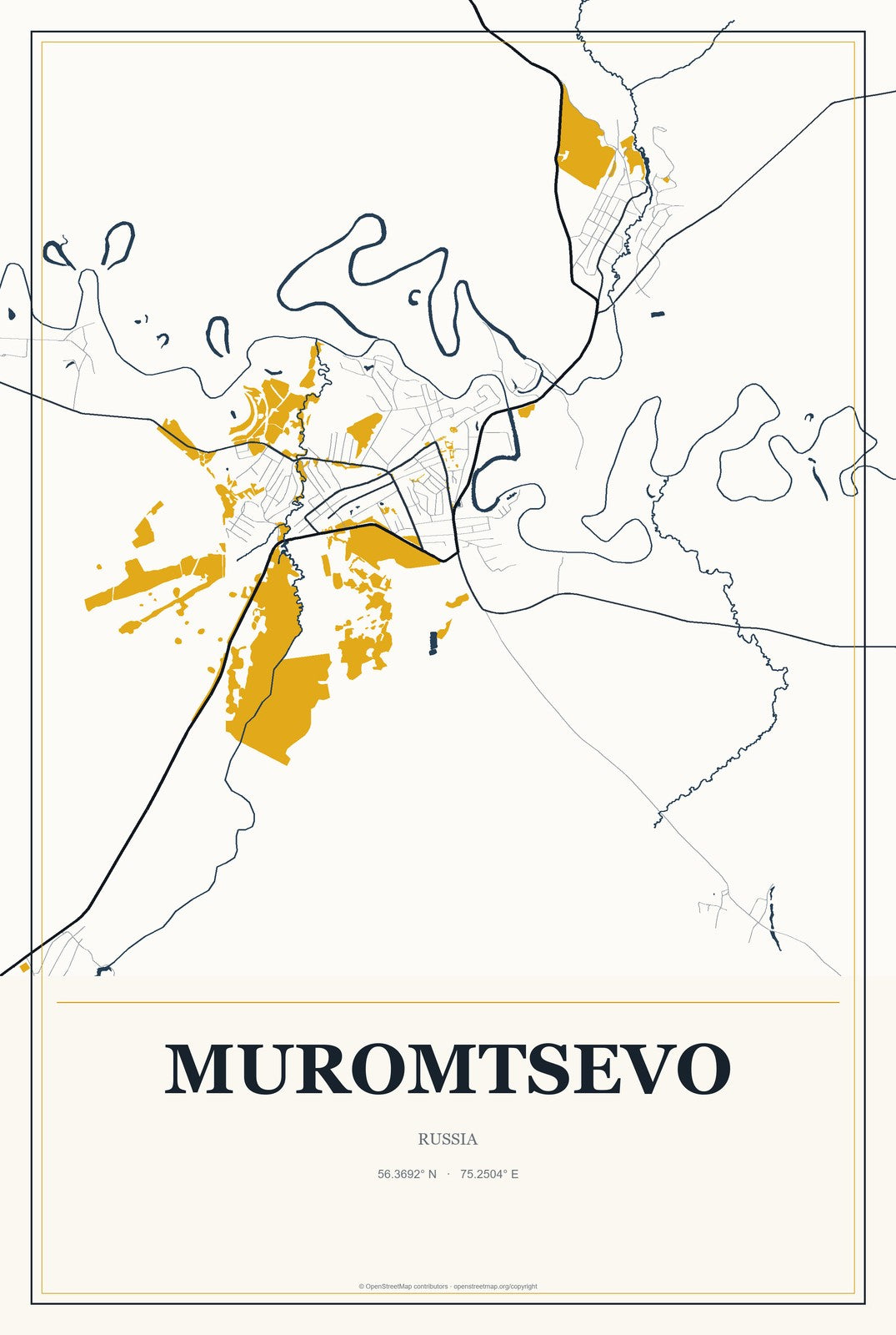 Muromtsevo, Russia City Map Aluminum Sign in Citrine Modern style