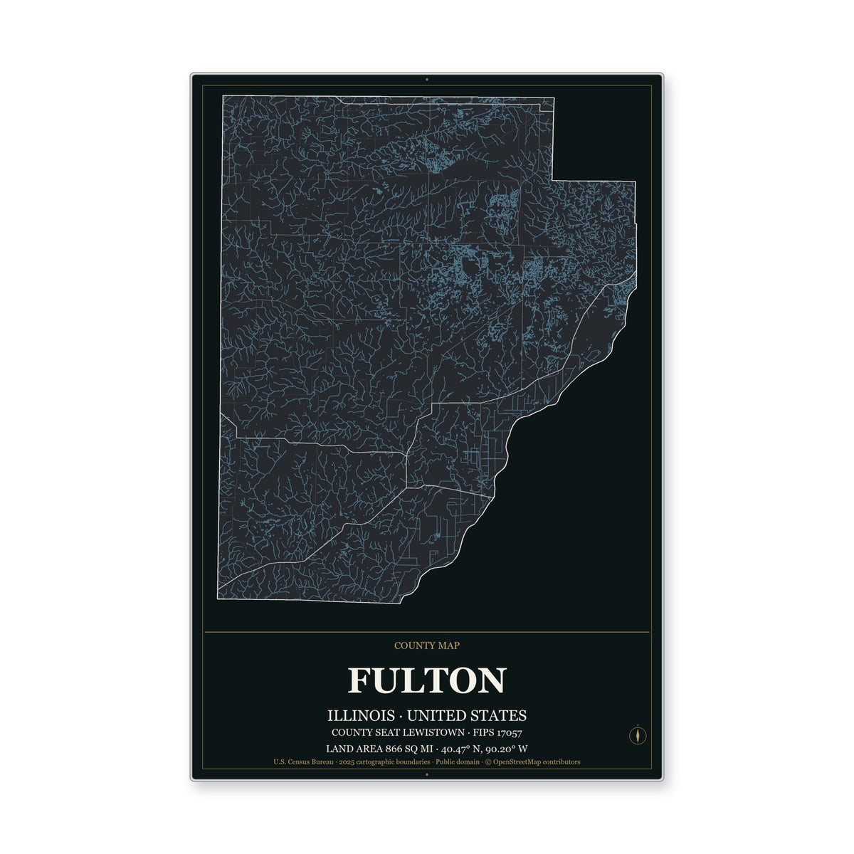 Fulton County, Illinois Map Aluminum Sign in Metropolitan Noir style