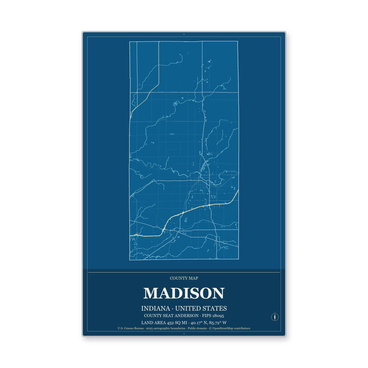 Madison County, Indiana Map Aluminum Sign in Harbor Cobalt style