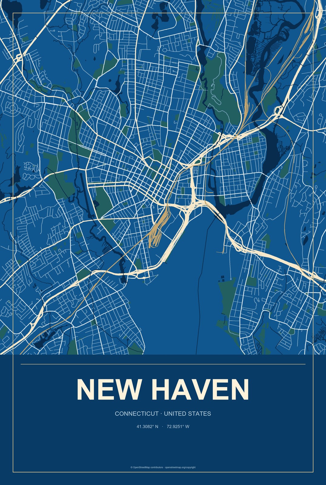 New Haven, Connecticut City Map Aluminum Sign in Harbor Cobalt style