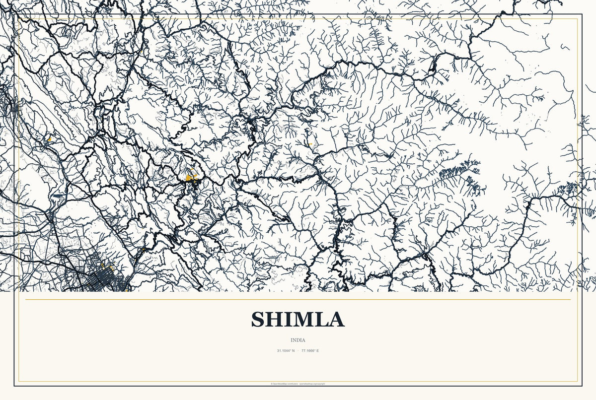 Shimla, India City Map Aluminum Sign in Citrine Modern style
