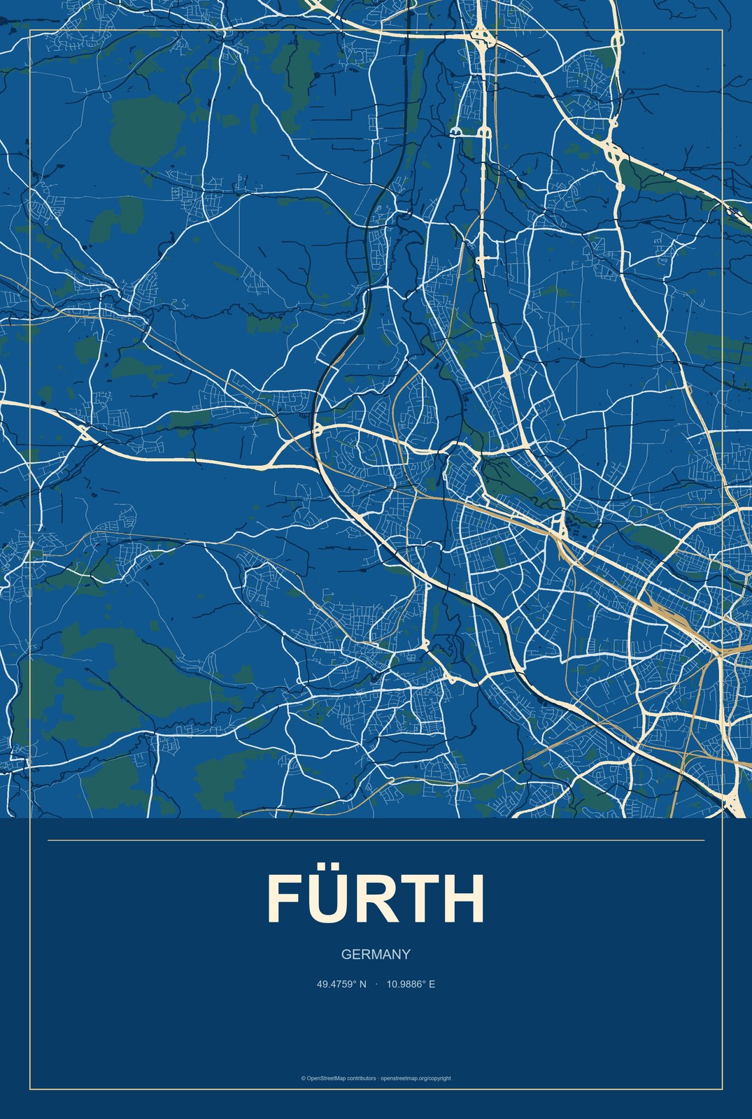 Fürth, Bavaria, Germany City Map Aluminum Sign in Harbor Cobalt style