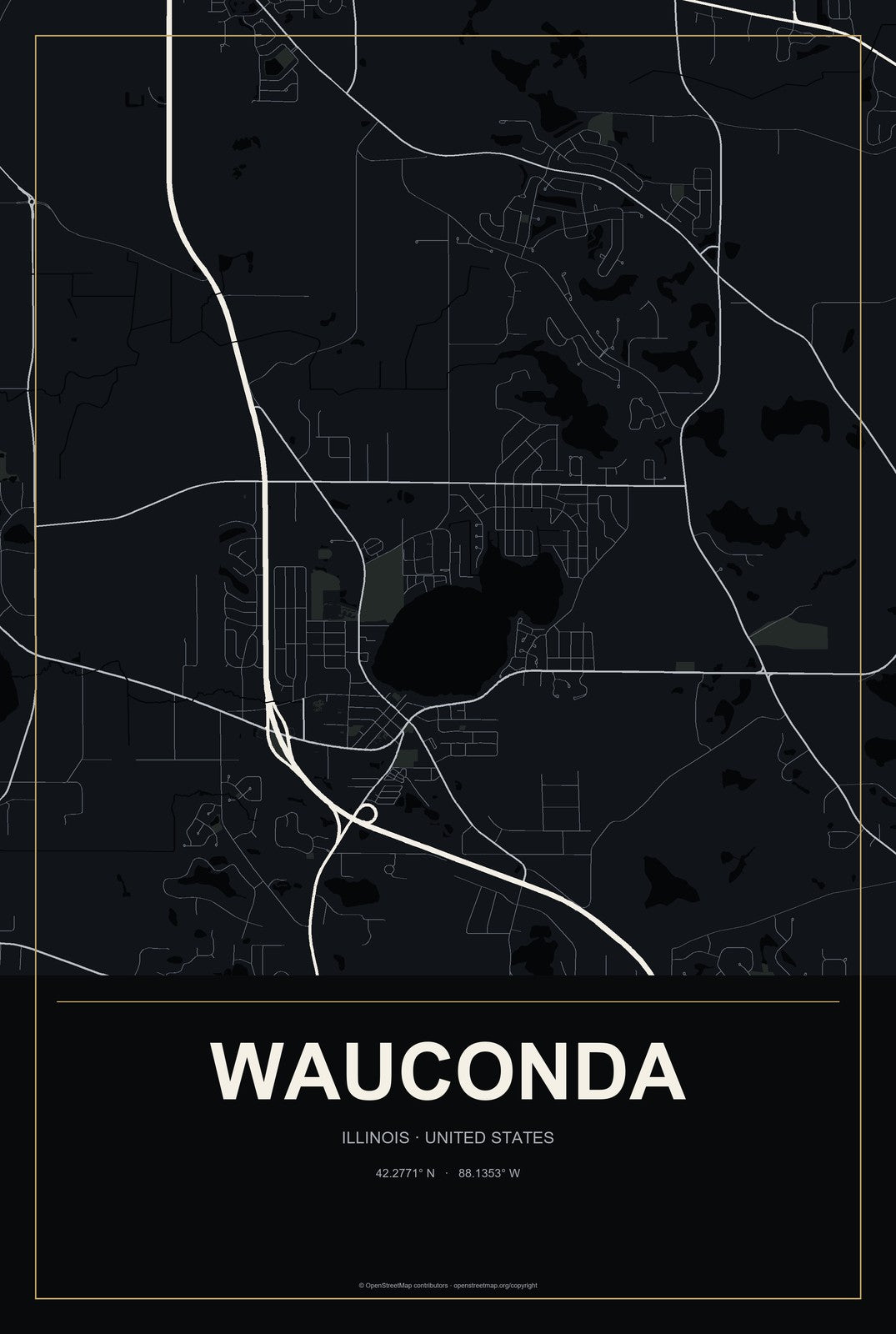 Wauconda, Illinois City Map Aluminum Sign in Metropolitan Noir style