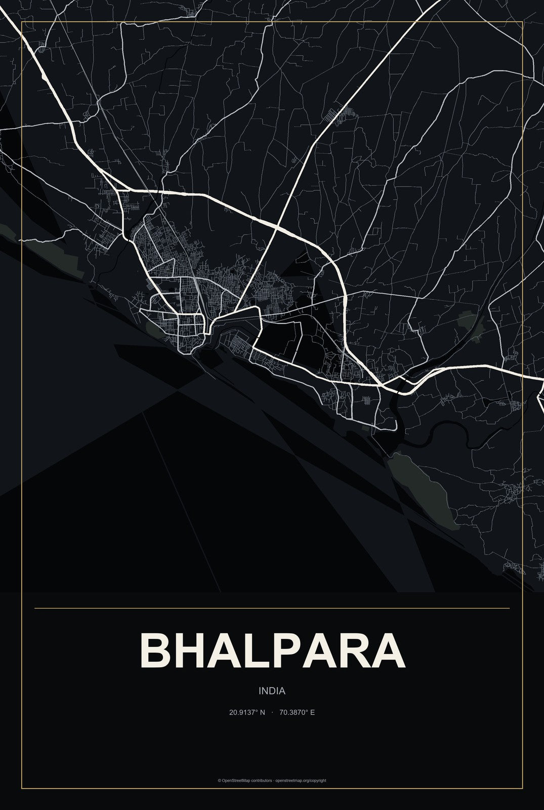 Bhalpara, India City Map Aluminum Sign in Metropolitan Noir style
