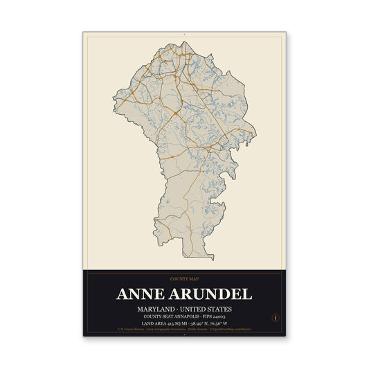 Anne Arundel County, Maryland Map Aluminum Sign in Museum Plaque style