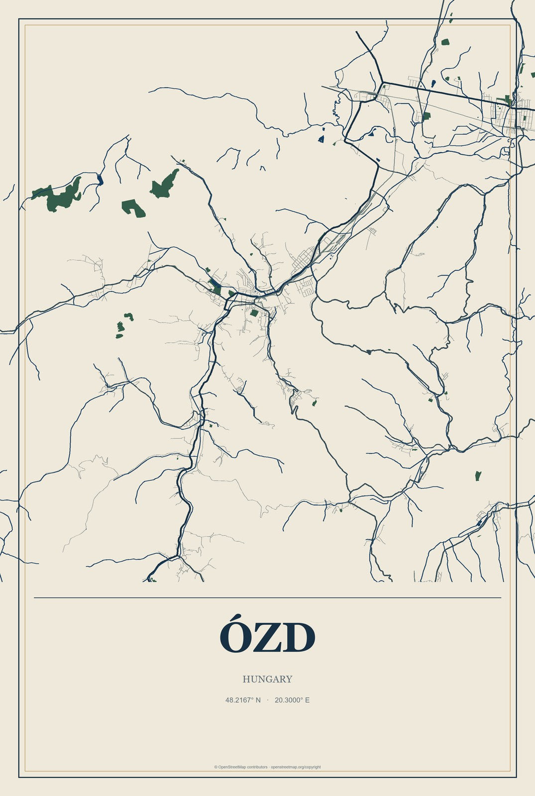 Ózd, Hungary City Map Aluminum Sign in Coastal Cutout style