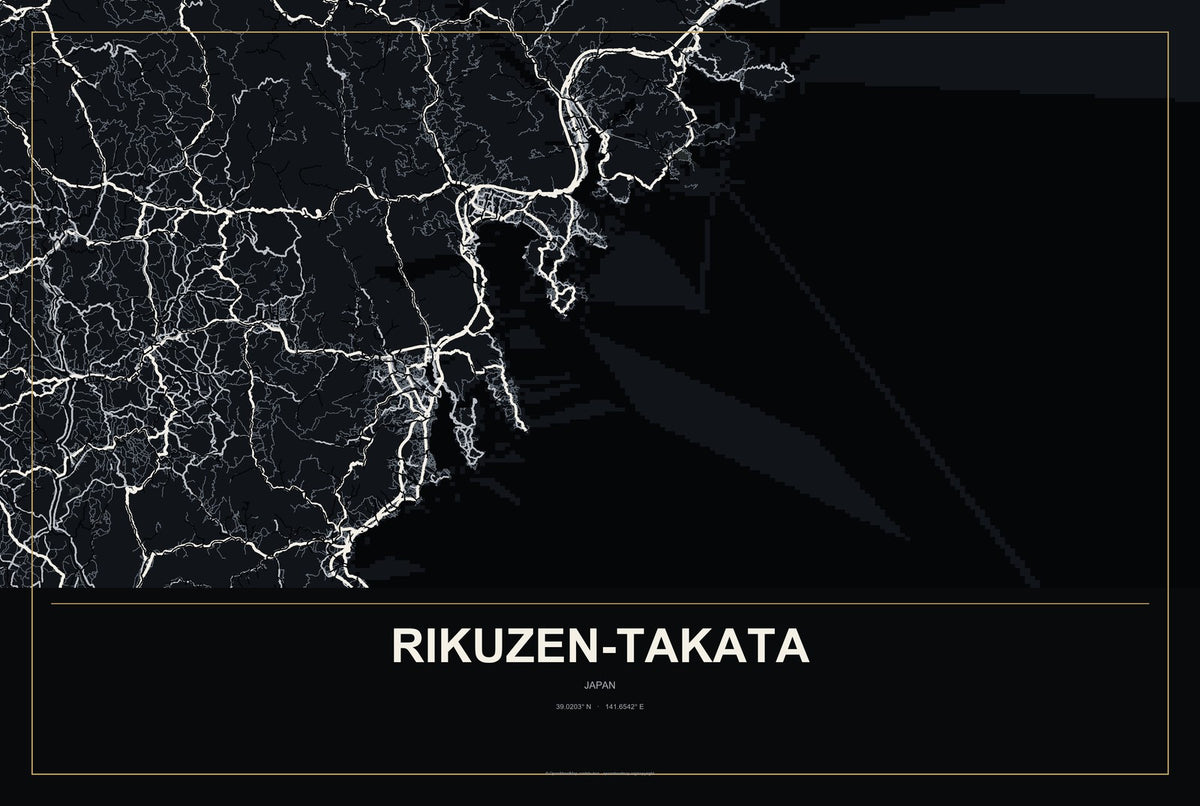Rikuzen-Takata, Japan City Map Aluminum Sign in Metropolitan Noir style