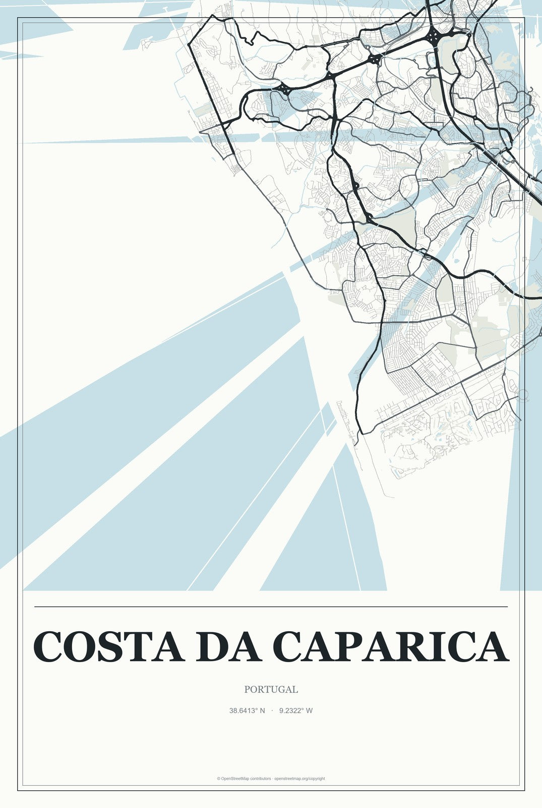 Costa da Caparica, Portugal City Map Aluminum Sign in Gallery Air style