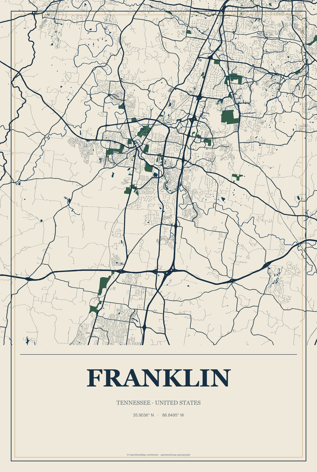 Franklin, Tennessee City Map Aluminum Sign in Coastal Cutout style