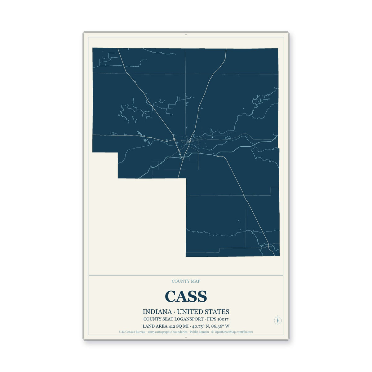 Cass County, Indiana Map Aluminum Sign in Coastal Cutout style