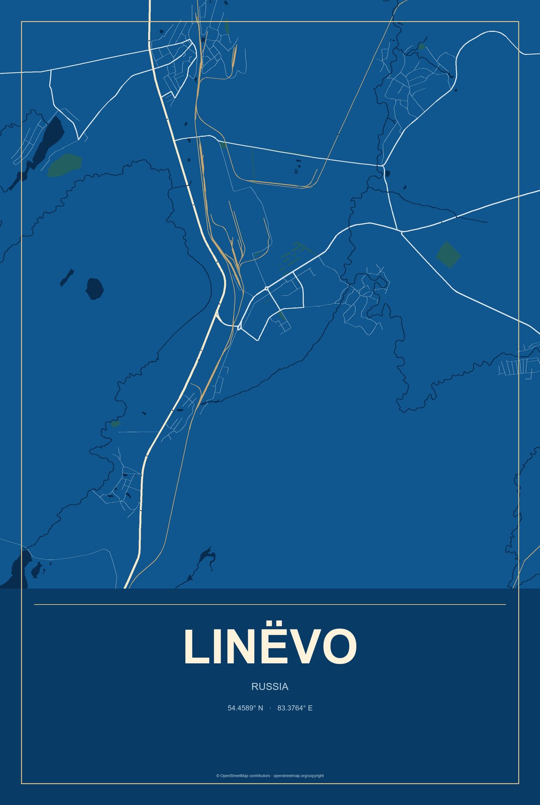 Linëvo, Russia City Map Aluminum Sign in Harbor Cobalt style