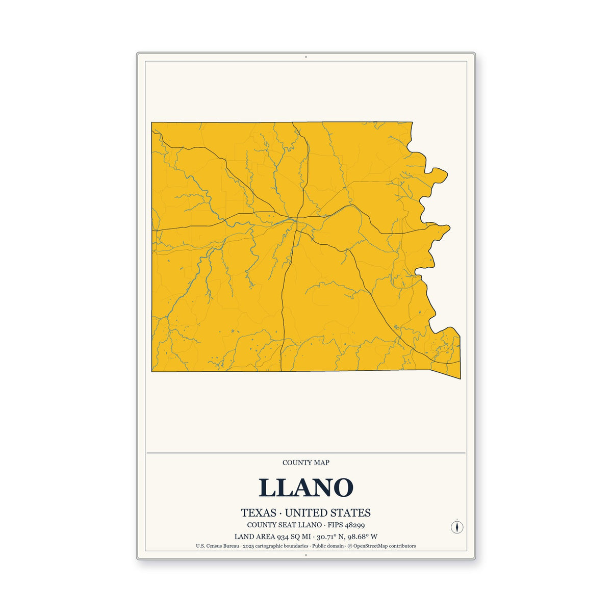 Llano County, Texas Map Aluminum Sign in Citrine Modern style