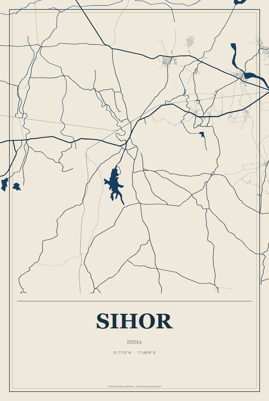 Sihor, India City Map Aluminum Sign in Coastal Cutout style