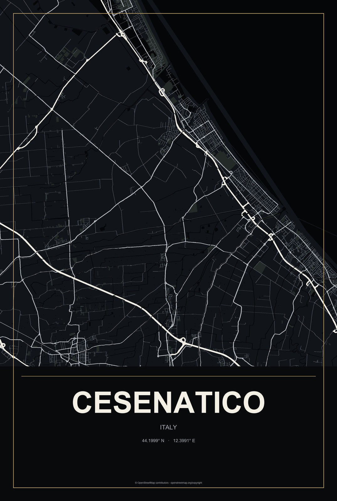 Cesenatico, Italy City Map Aluminum Sign in Metropolitan Noir style