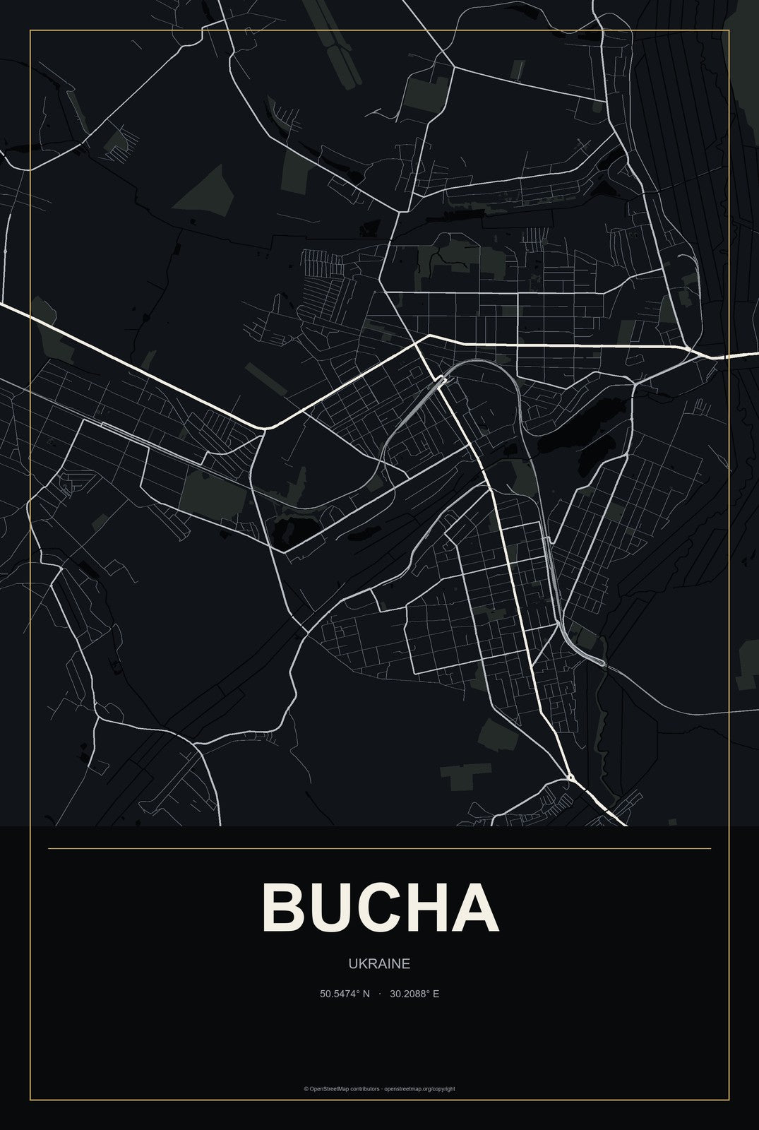 Bucha, Ukraine City Map Aluminum Sign in Metropolitan Noir style