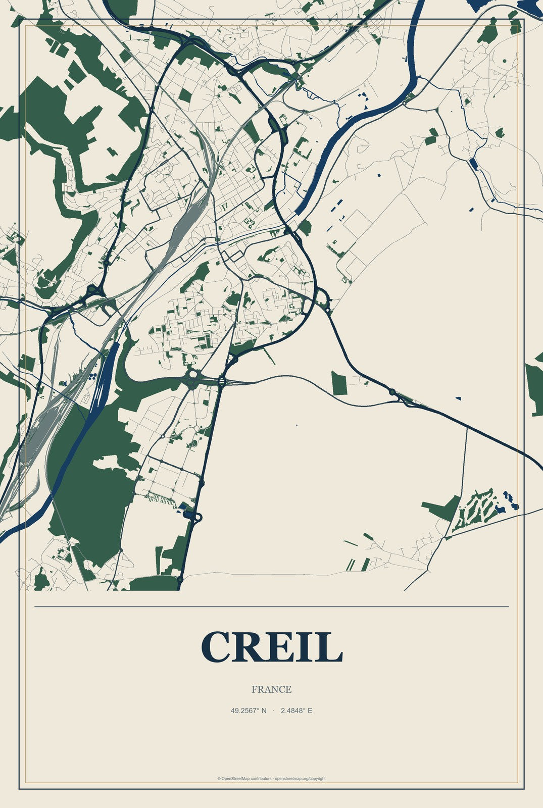 Creil, France City Map Aluminum Sign in Coastal Cutout style