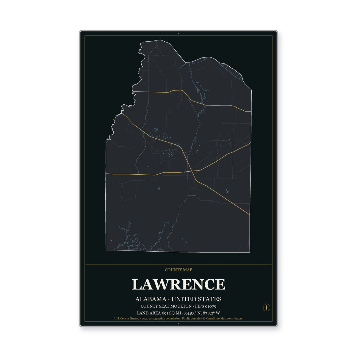 Lawrence County, Alabama Map Aluminum Sign in Metropolitan Noir style