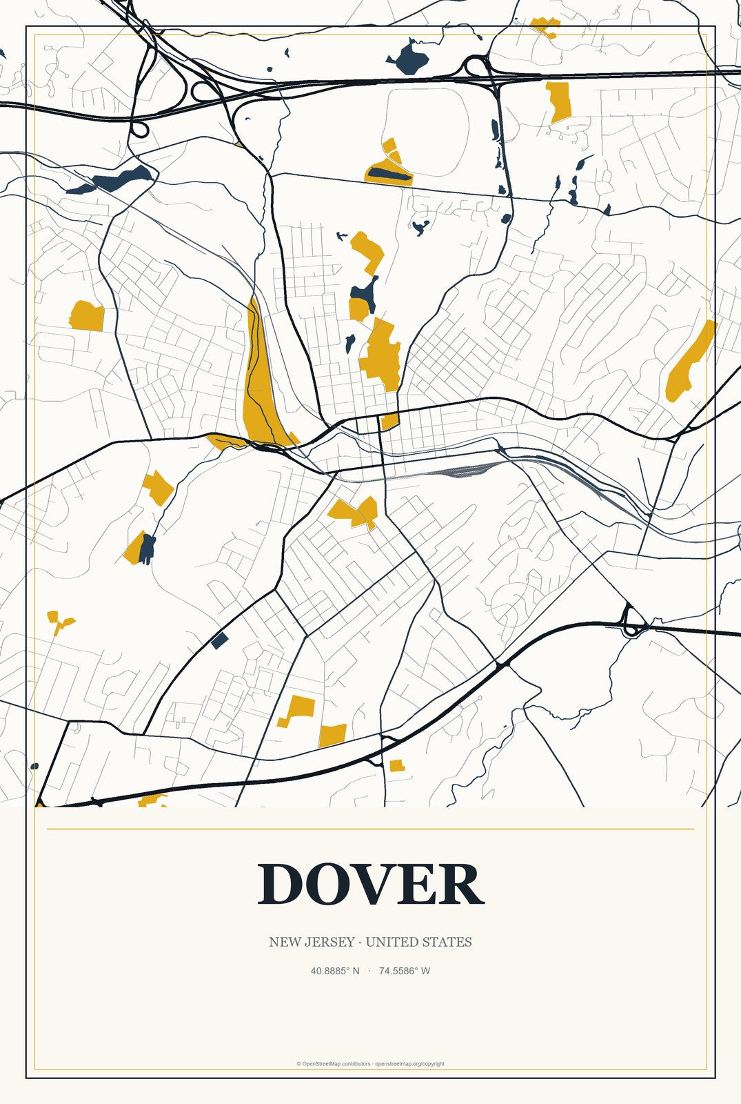Dover, New Jersey City Map Aluminum Sign in Citrine Modern style