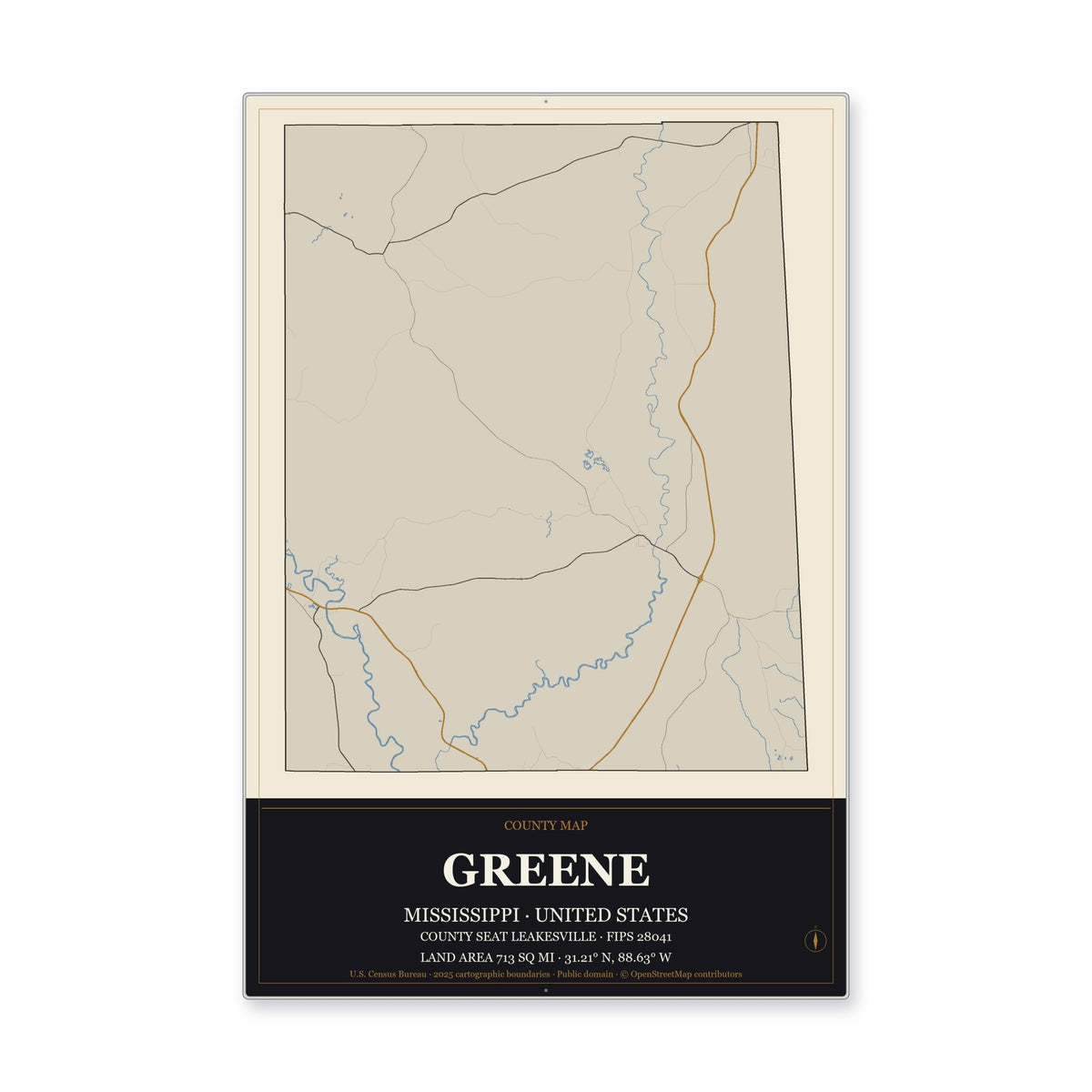 Greene County, Mississippi Map Aluminum Sign in Museum Plaque style