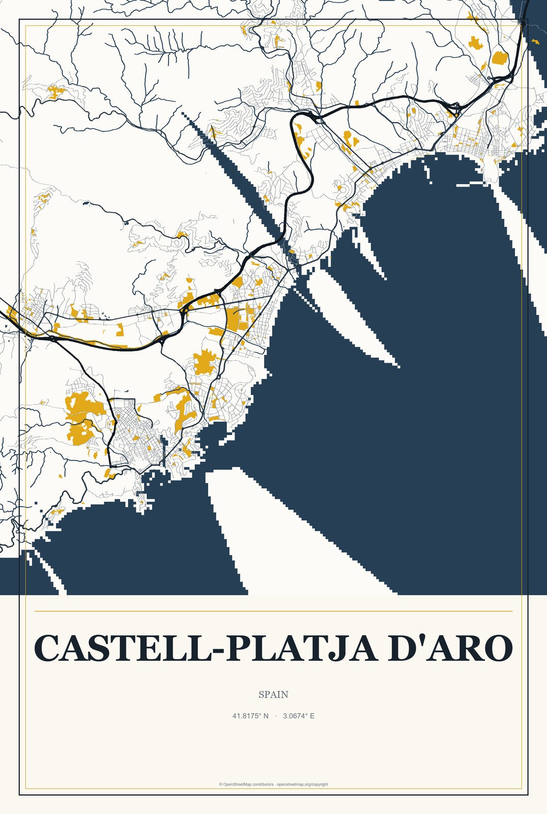 Castell-Platja d'Aro, Spain City Map Aluminum Sign in Citrine Modern style