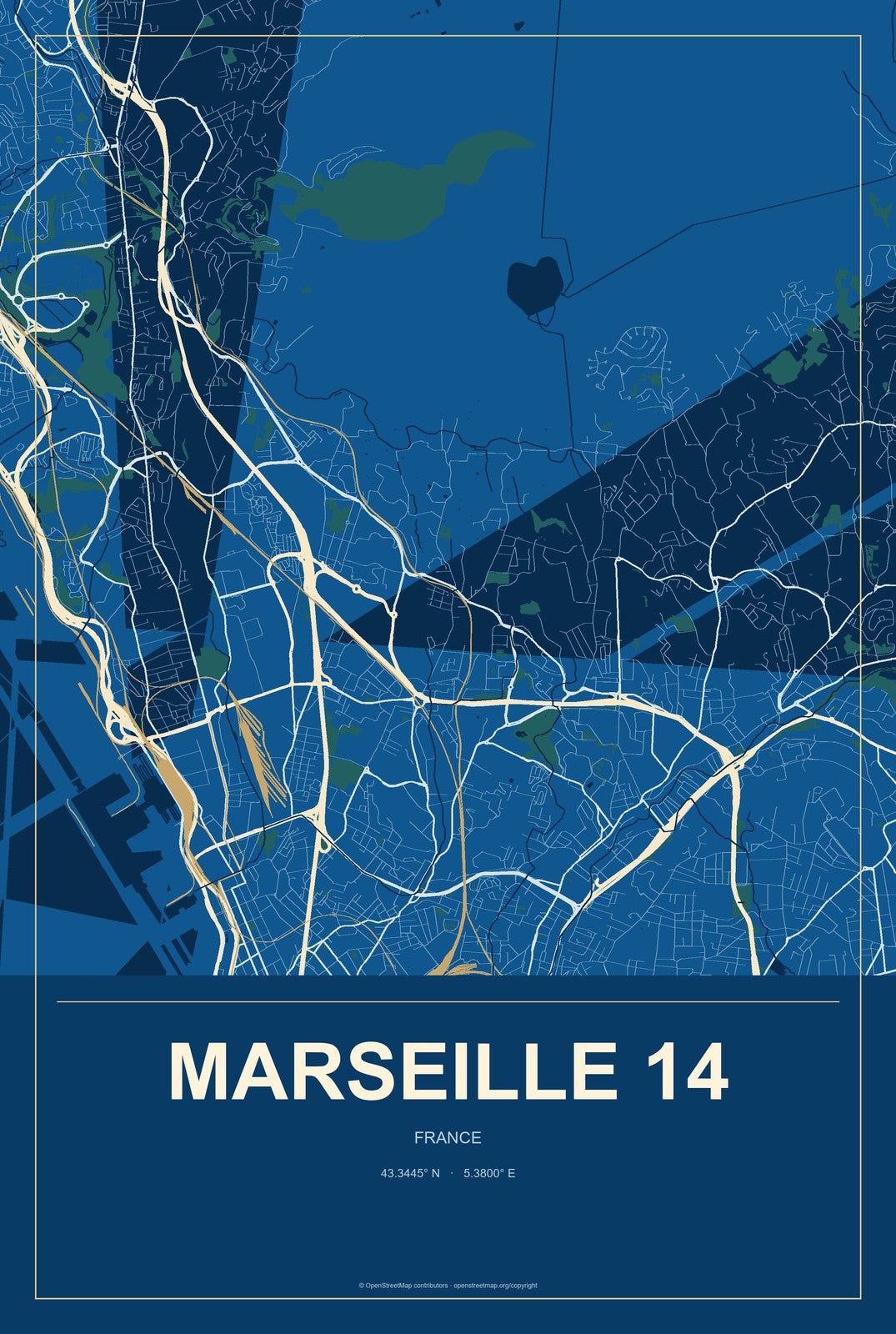 Marseille 14, France City Map Aluminum Sign in Harbor Cobalt style