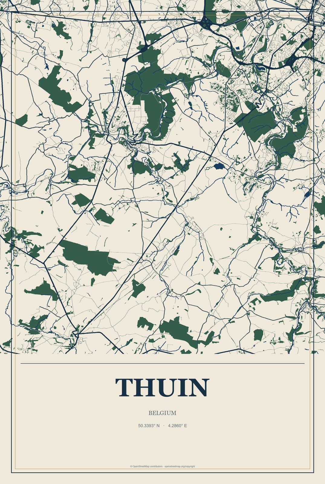 Thuin, Belgium City Map Aluminum Sign in Coastal Cutout style