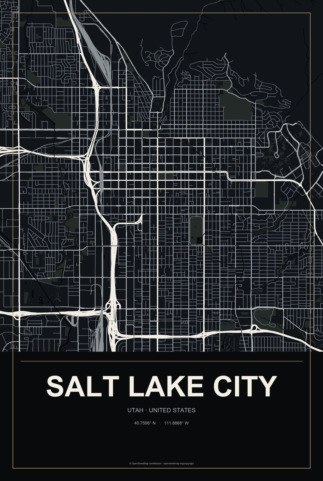 Salt Lake City, Utah City Map Aluminum Sign in Metropolitan Noir style