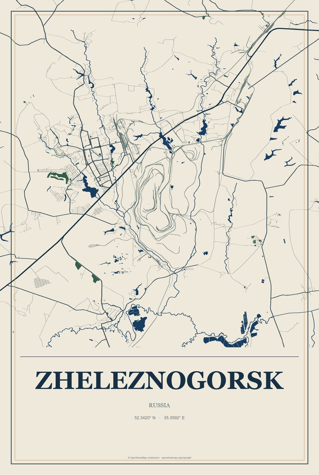 Zheleznogorsk, Kursk Oblast, Russia City Map Aluminum Sign in Coastal Cutout style