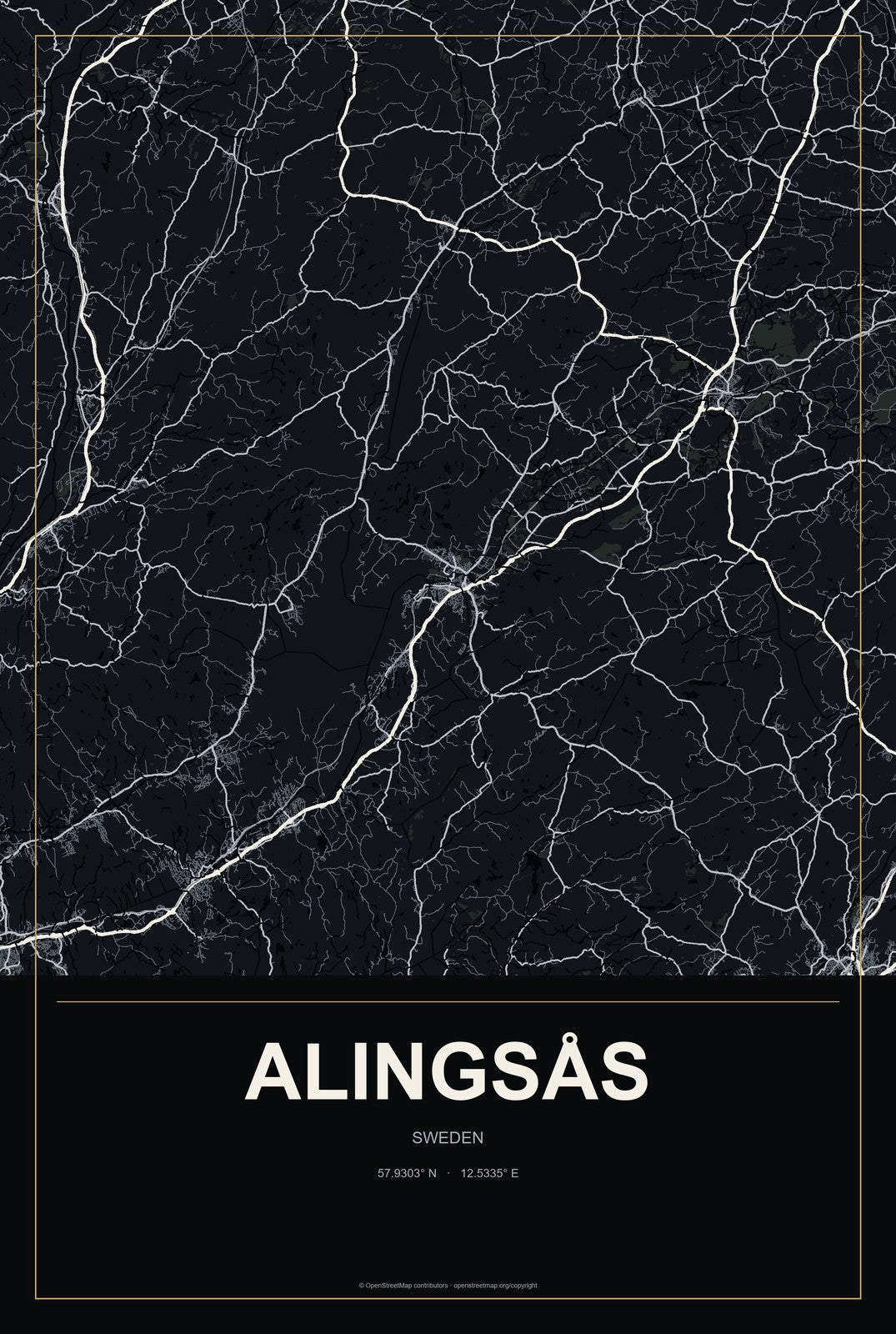 Alingsås, Sweden City Map Aluminum Sign in Metropolitan Noir style