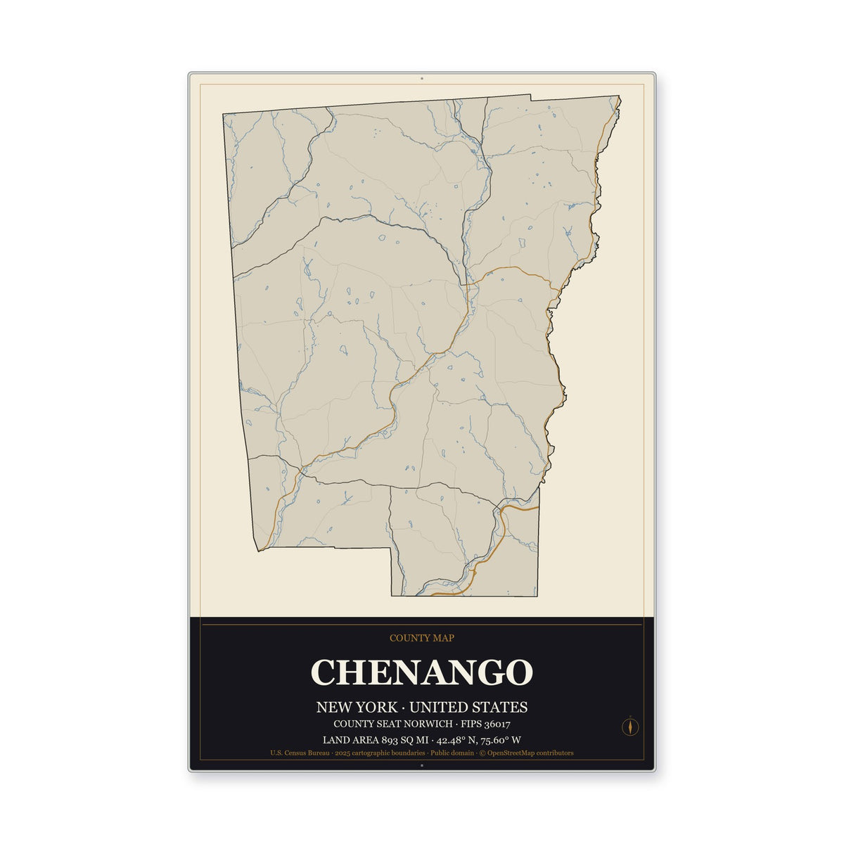 Chenango County, New York Map Aluminum Sign in Museum Plaque style