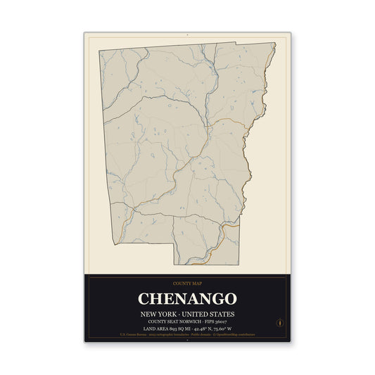 Chenango County, New York Map Aluminum Sign in Museum Plaque style