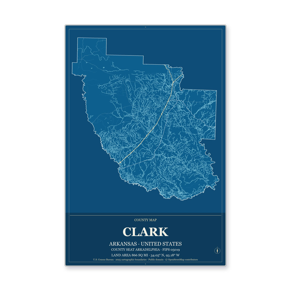 Clark County, Arkansas Map Aluminum Sign in Harbor Cobalt style