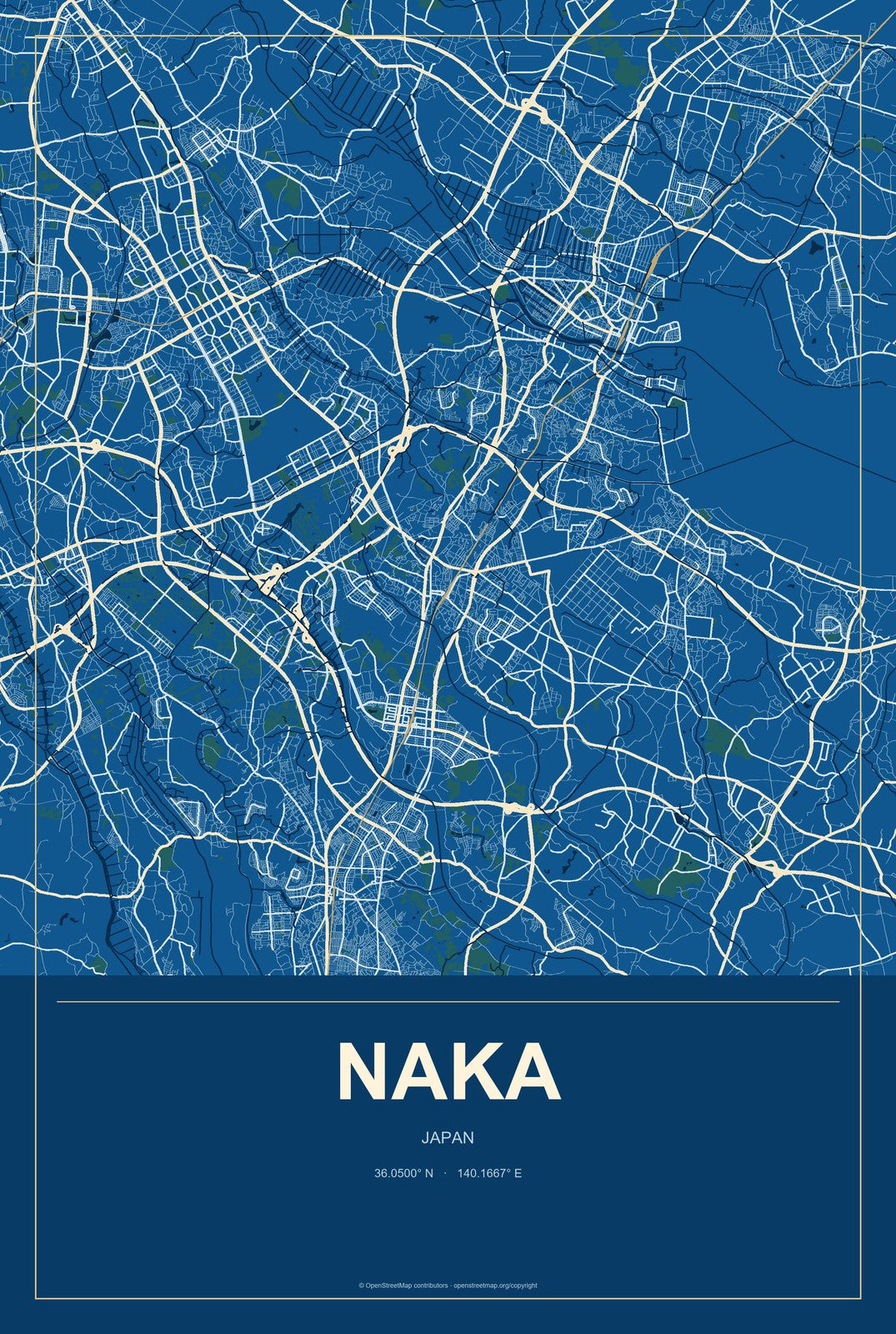 Naka, Japan City Map Aluminum Sign in Harbor Cobalt style