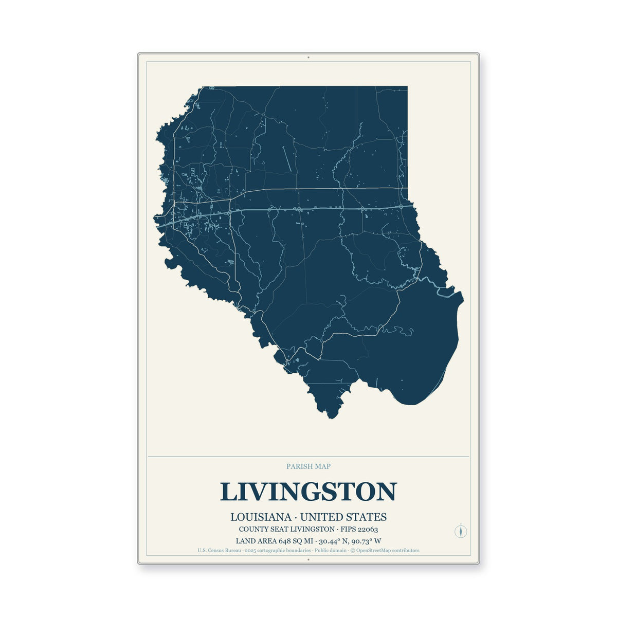 Livingston Parish, Louisiana Map Aluminum Sign in Coastal Cutout style