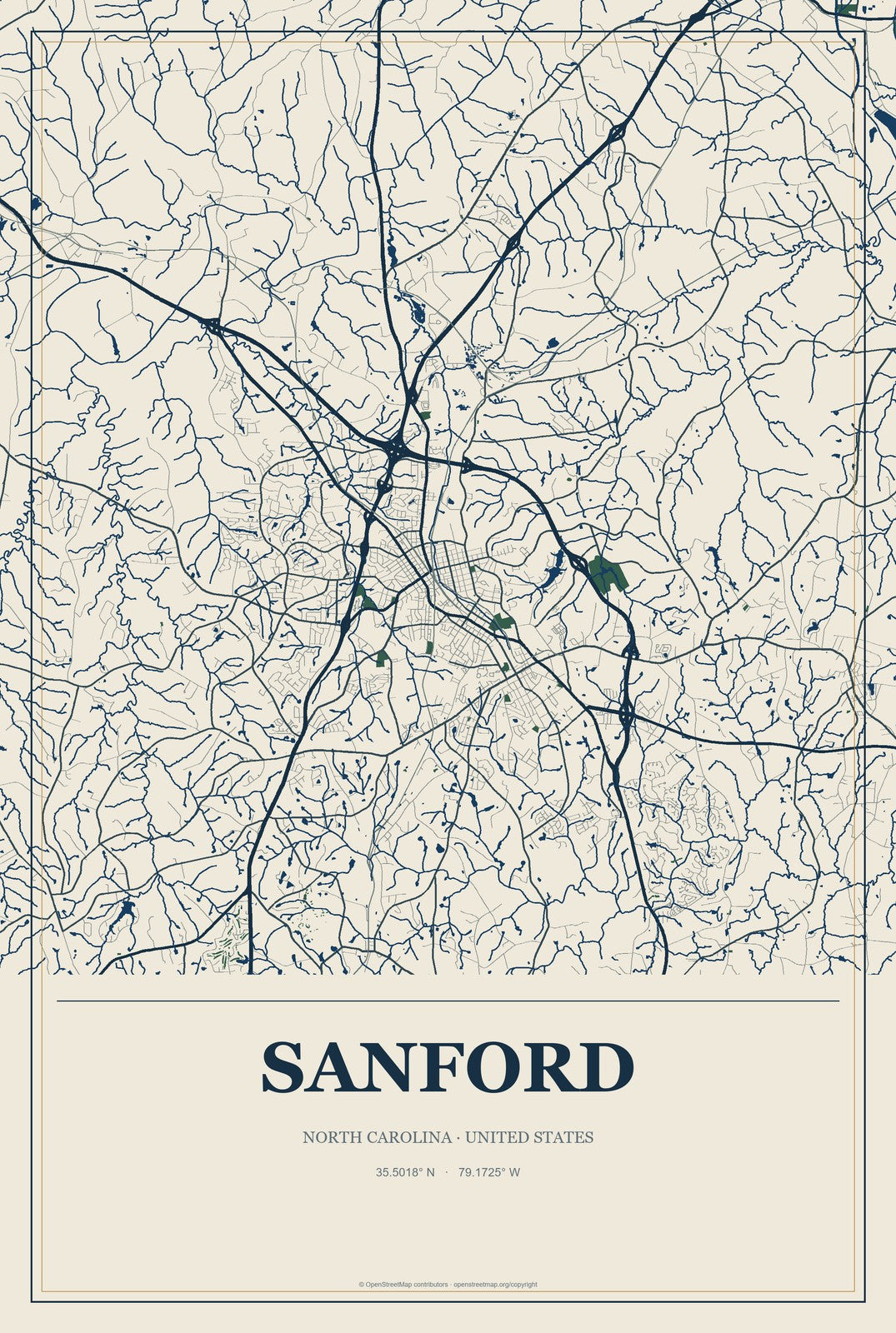 Sanford, North Carolina City Map Aluminum Sign in Coastal Cutout style