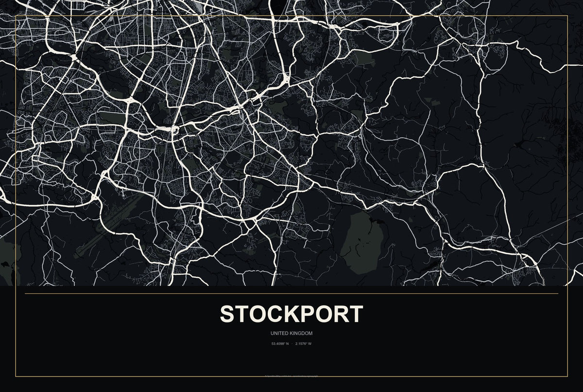 Stockport, United Kingdom City Map Aluminum Sign in Metropolitan Noir style
