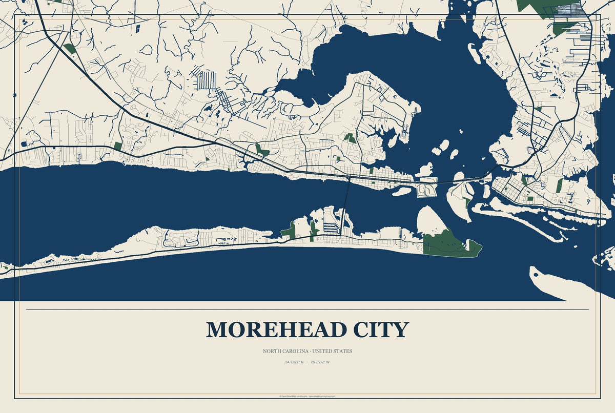 Morehead City, North Carolina City Map Aluminum Sign in Coastal Cutout style