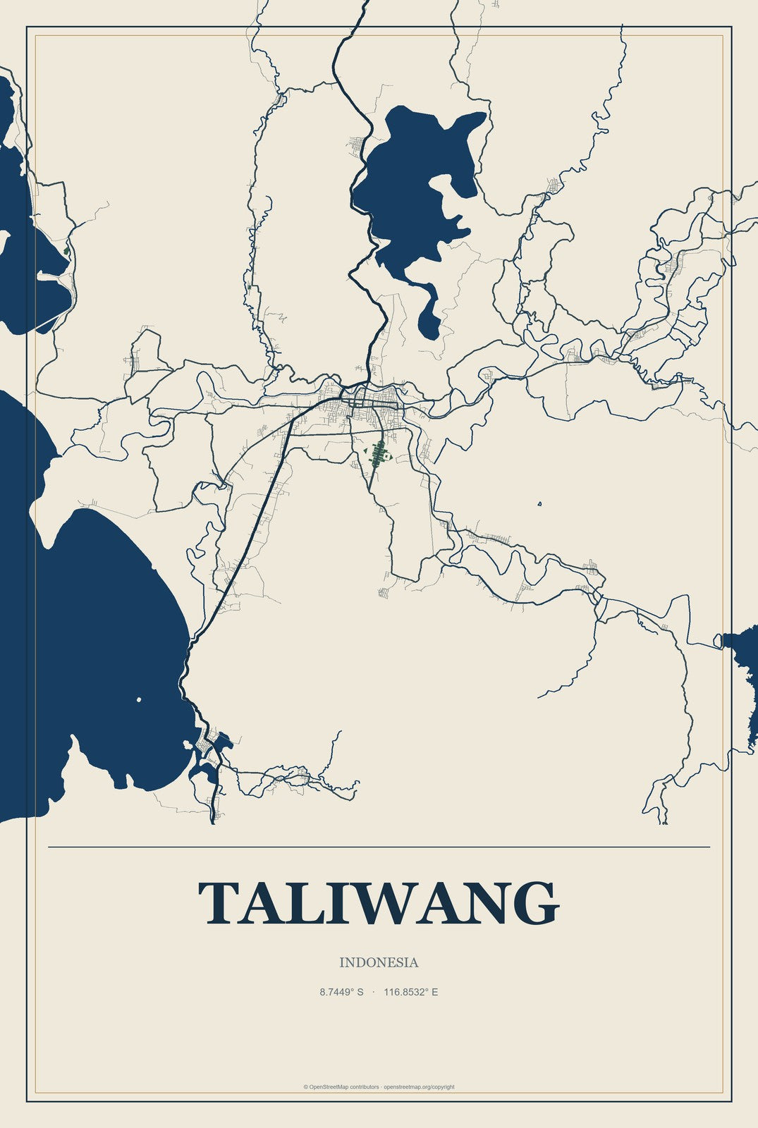 Taliwang, Indonesia City Map Aluminum Sign in Coastal Cutout style