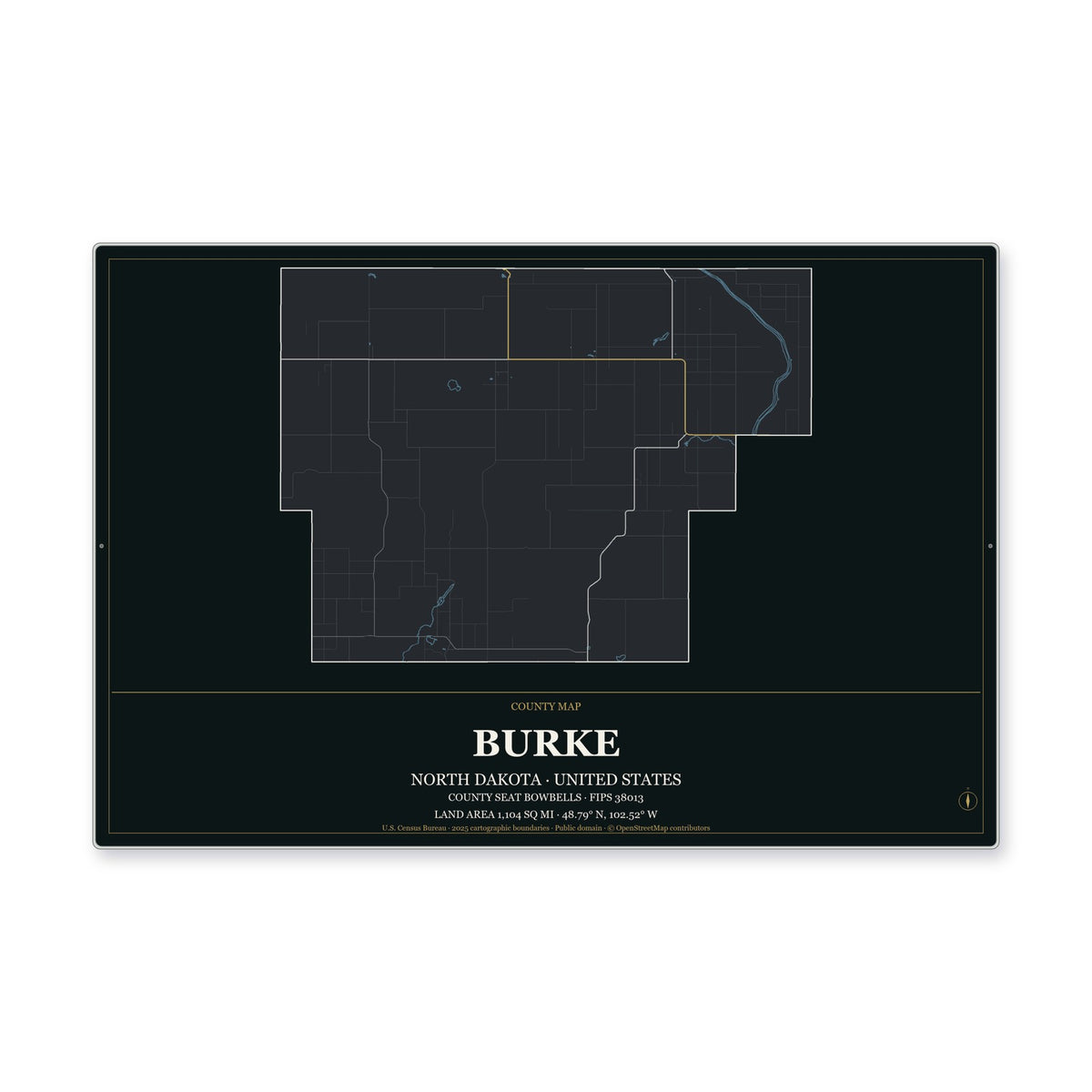 Burke County, North Dakota Map Aluminum Sign in Metropolitan Noir style