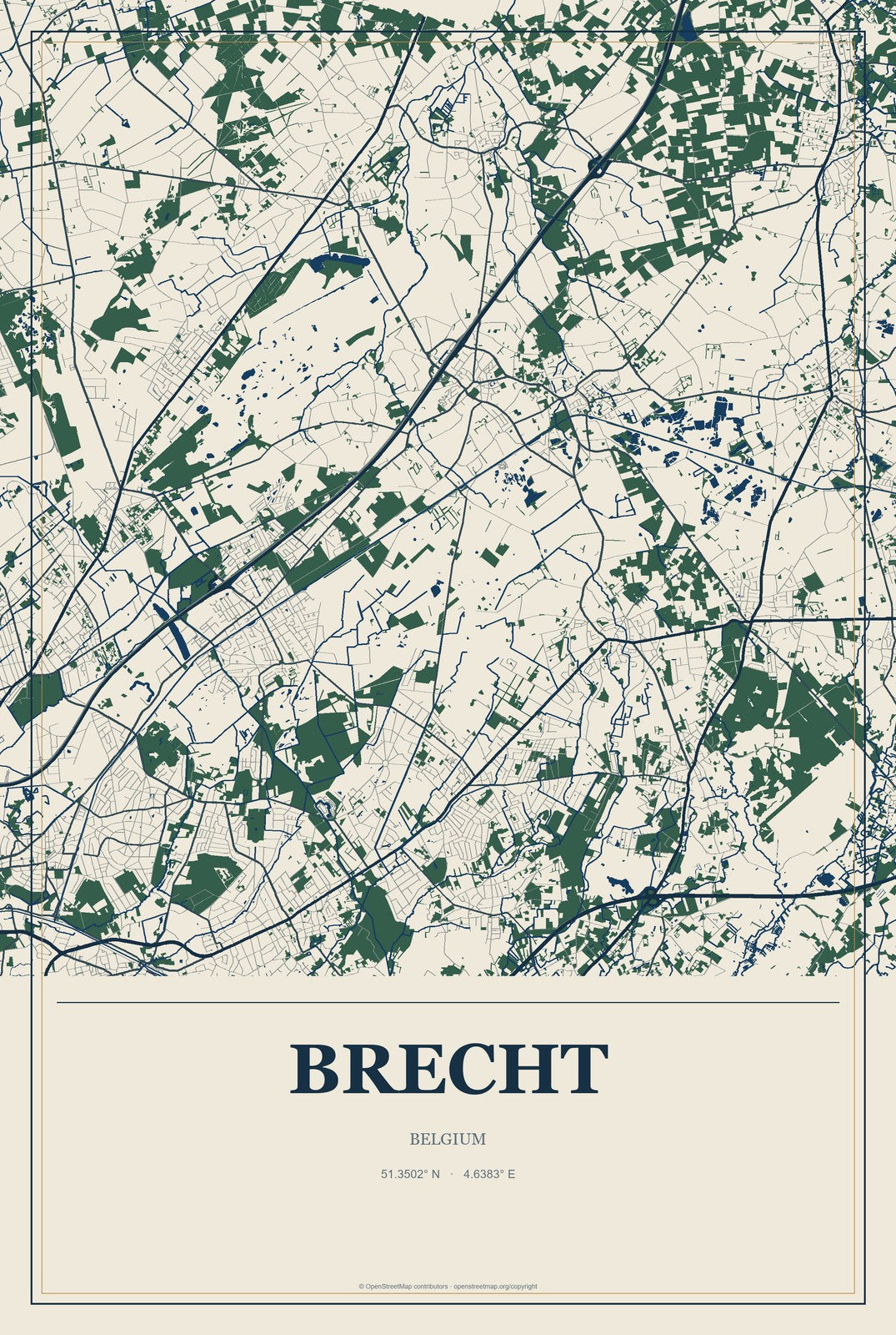 Brecht, Belgium City Map Aluminum Sign in Coastal Cutout style