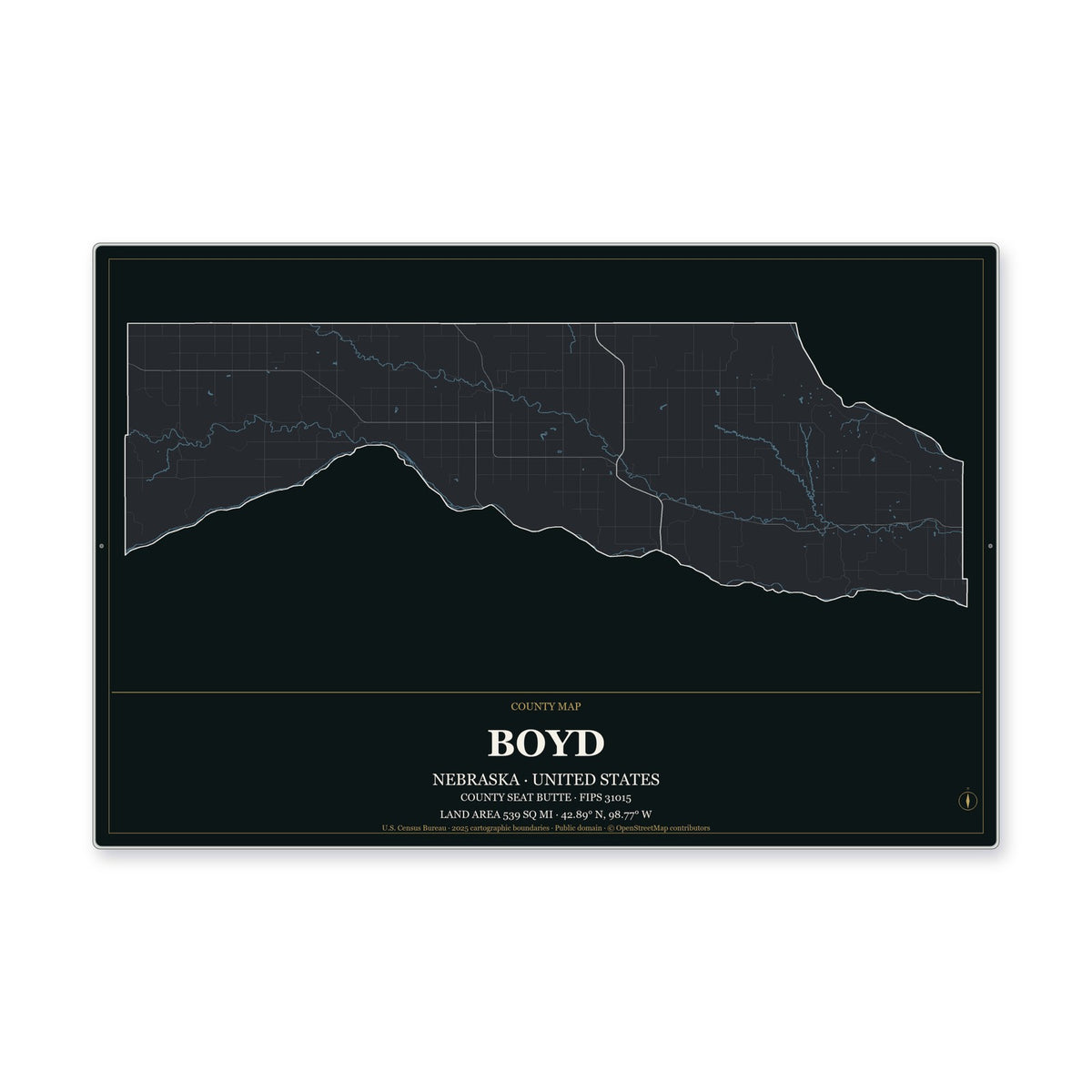 Boyd County, Nebraska Map Aluminum Sign in Metropolitan Noir style