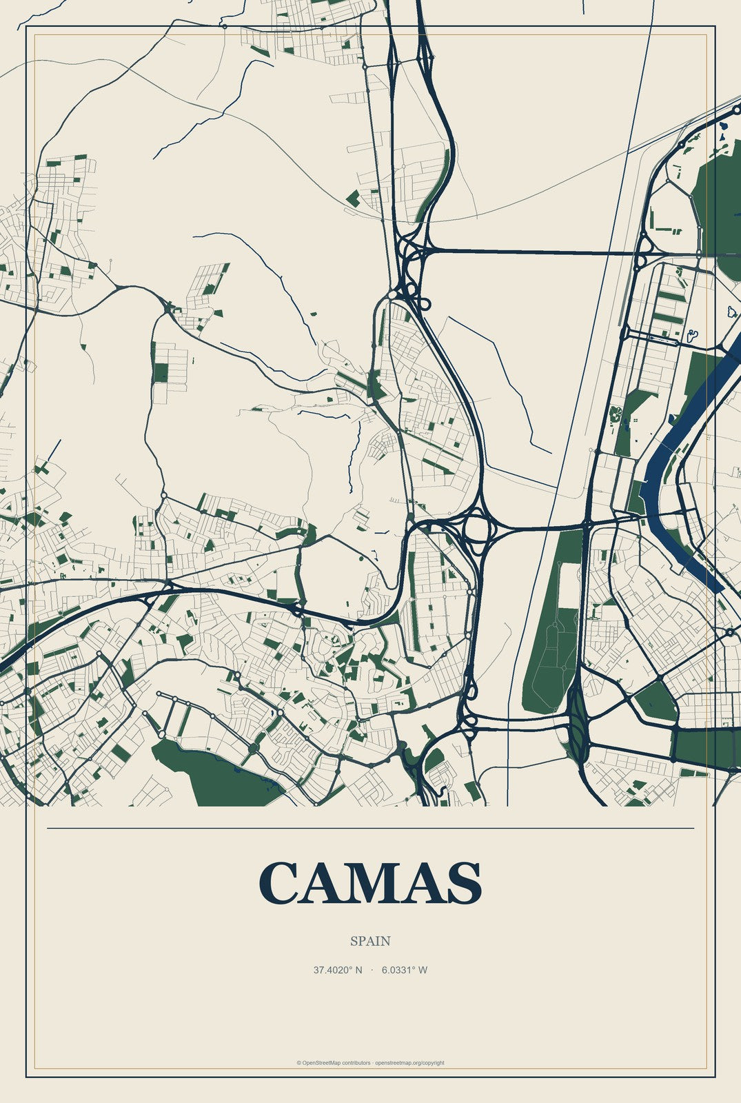 Camas, Spain City Map Aluminum Sign in Coastal Cutout style