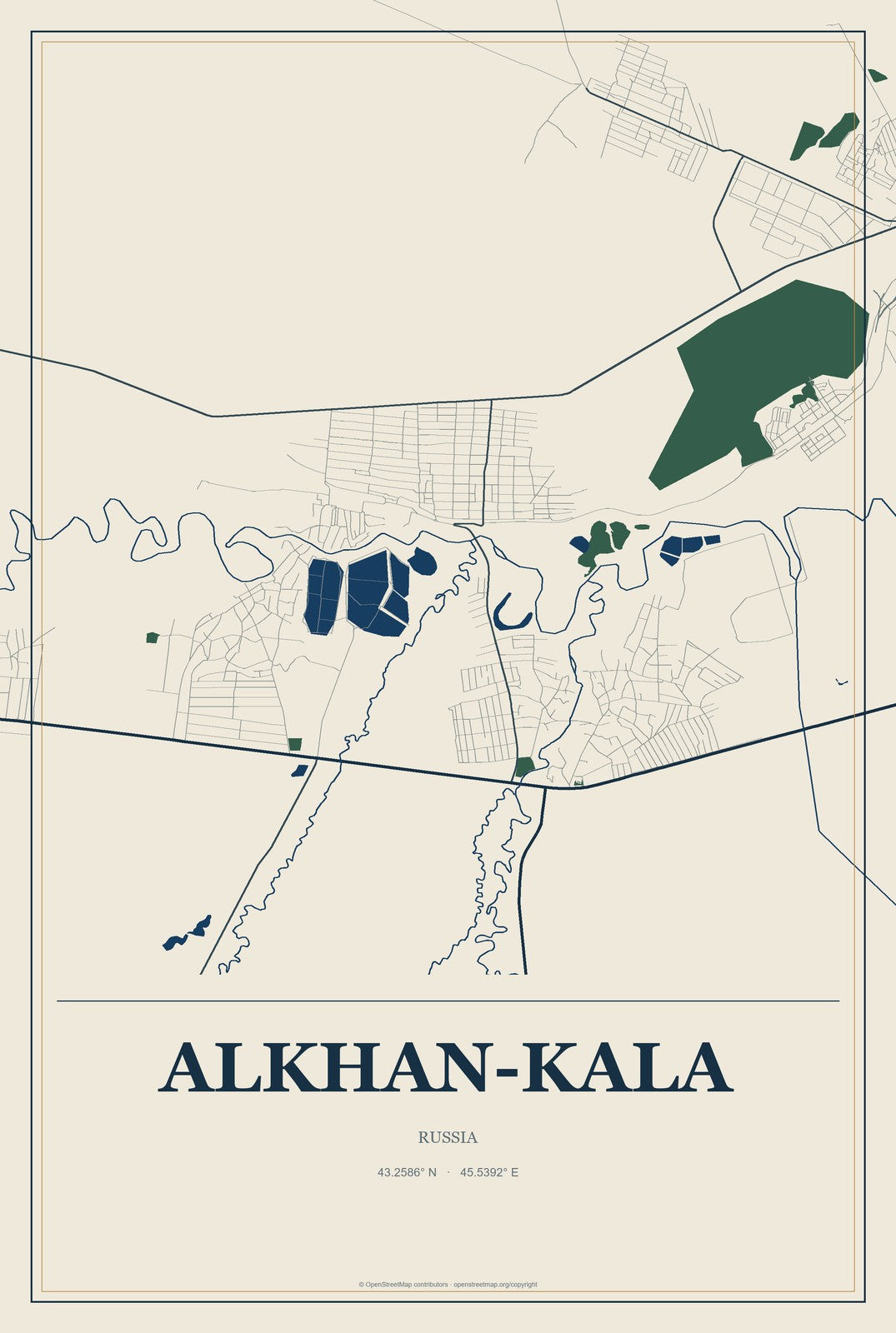 Alkhan-Kala, Russia City Map Aluminum Sign in Coastal Cutout style